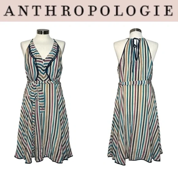 ANTHROPOLOGIE GIRLS FROM SAVOY GULL WING STRIPED SLEEVELESS SILK DRESS - Picture 1 of 15